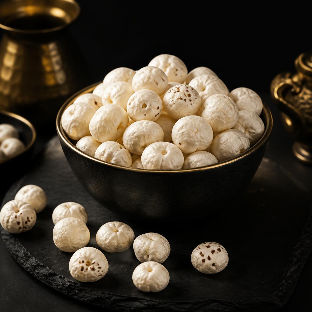 Graded white raw makhana 4+ kernels close up