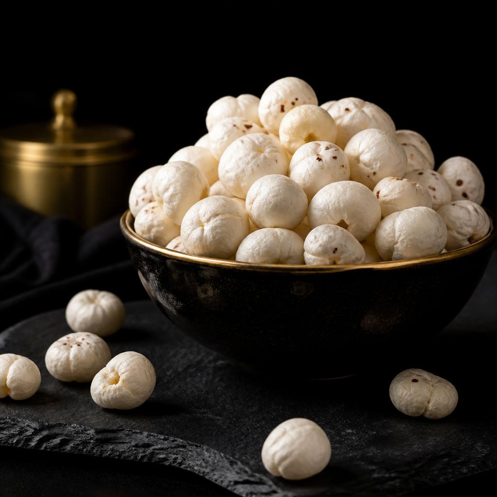 Premium white raw makhana 5+ grade foxnuts in a bowl