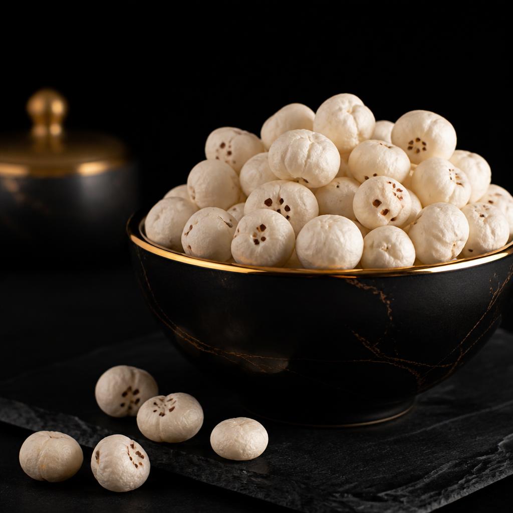 Bowl of premium white raw makhana foxnuts
